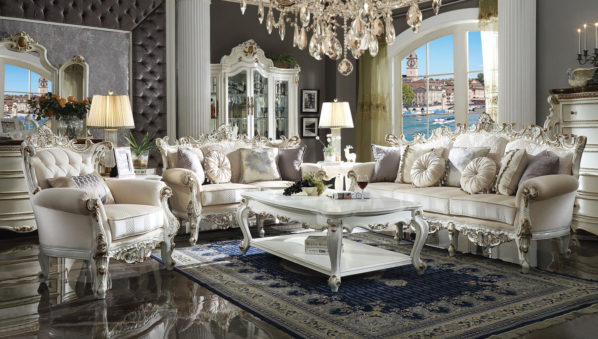 Picardy Ii Traditional Style Antique Pearl Fabric Sofa With 7 Pillows 